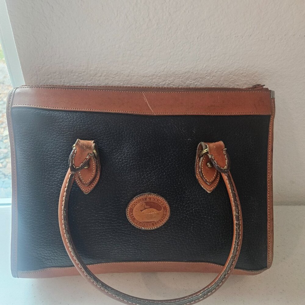 Vintage 1980"S Dooney & Bourke All Weather Leather Navy & Tan Satchel Purse